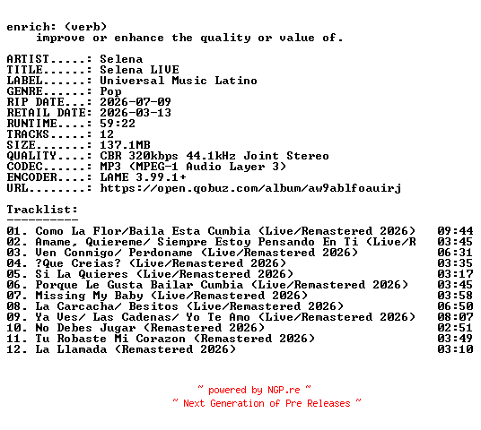 NFO for the release Selena-Selena_LIVE-REMASTERED-WEB-ES-2026-ENRiCH by ENRiCH
