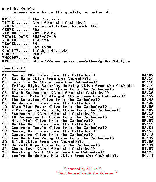 NFO for the release The_Specials-Live_from_the_Cathedral-16BIT-WEB-FLAC-2026-ENRiCH by ENRiCH
