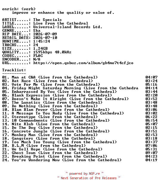 NFO for the release The_Specials-Live_from_the_Cathedral-24BIT-WEB-FLAC-2026-ENRiCH by ENRiCH