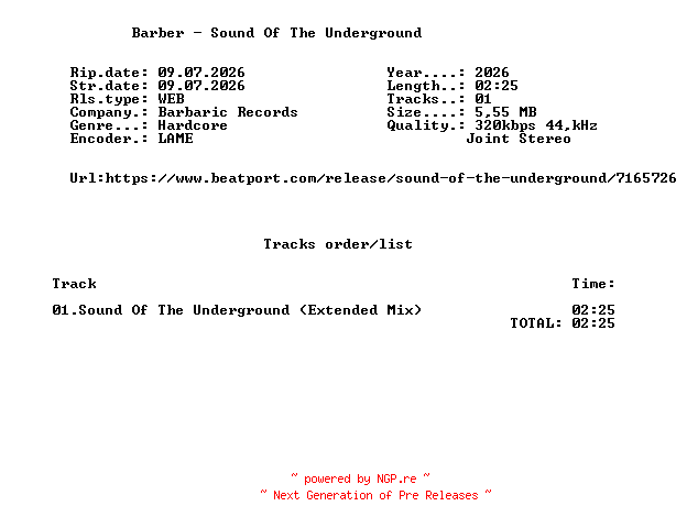 NFO for the release Barber_-_Sound_Of_The_Underground-(BBR262)-SINGLE-WEB-2026-FMC by FMC