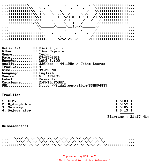 NFO for the release Dimi_Angelis-Time_Capsule-DKMNTLUFOWHT1-WEB-2026-WAV by WAV