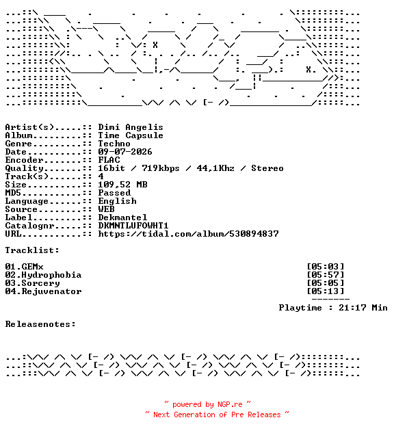 NFO for the release Dimi_Angelis-Time_Capsule-DKMNTLUFOWHT1-16BIT-WEB-FLAC-2026-WAVED by WAVED