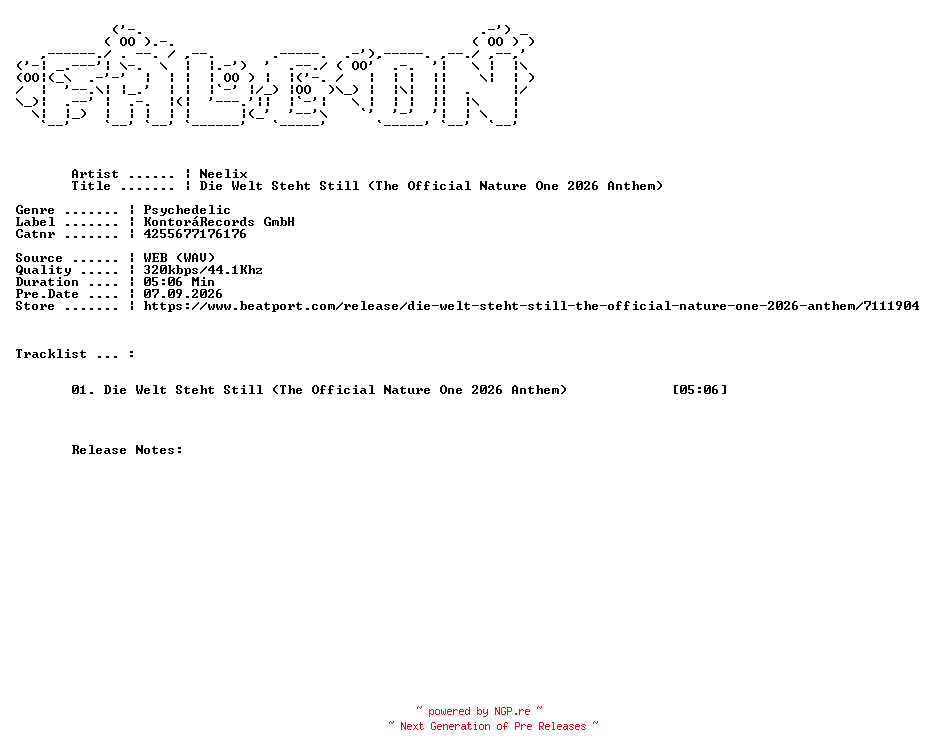NFO for the release Neelix-Die_Welt_Steht_Still_The_Official_Nature_One_2026_Anthem-(4255677176176)-SINGLE-WEB-2026-FALCON by FALCON