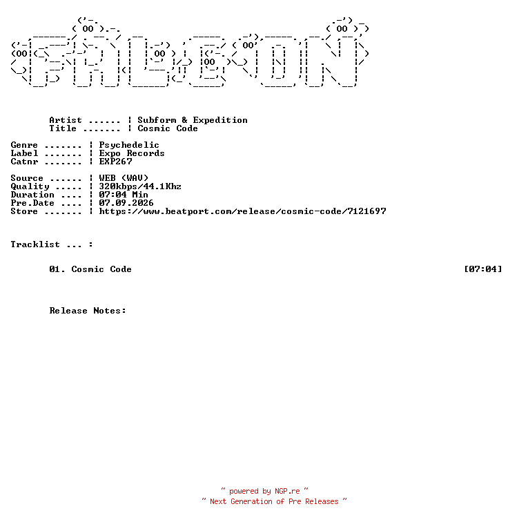 NFO for the release Subform_And_Expedition-Cosmic_Code-(EXP267)-SINGLE-WEB-2026-FALCON by FALCON