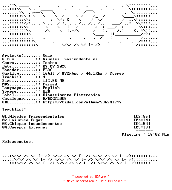 NFO for the release Guix-Niveles_Trascendentales-REDGTL005-16BIT-WEB-FLAC-2026-WAVED by WAVED
