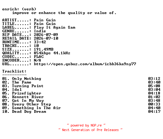 NFO for the release Pain_Gain-Pain_Gain-16BIT-WEB-FLAC-2026-ENRiCH by ENRiCH