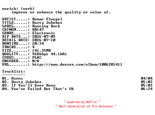 NFO for the release Roman_Fluegel-Dusty_Jukebox-(RB147)-16BIT-WEB-FLAC-2026-ENRiCH by ENRiCH