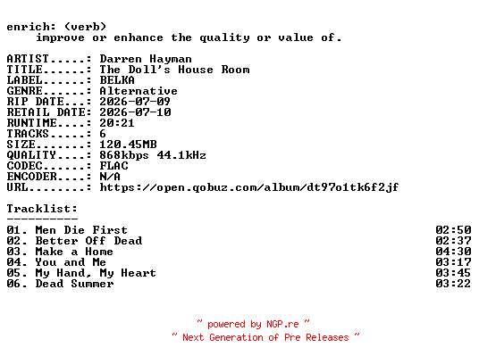 NFO for the release Darren_Hayman-The_Dolls_House_Room-EP-16BIT-WEB-FLAC-2026-ENRiCH by ENRiCH