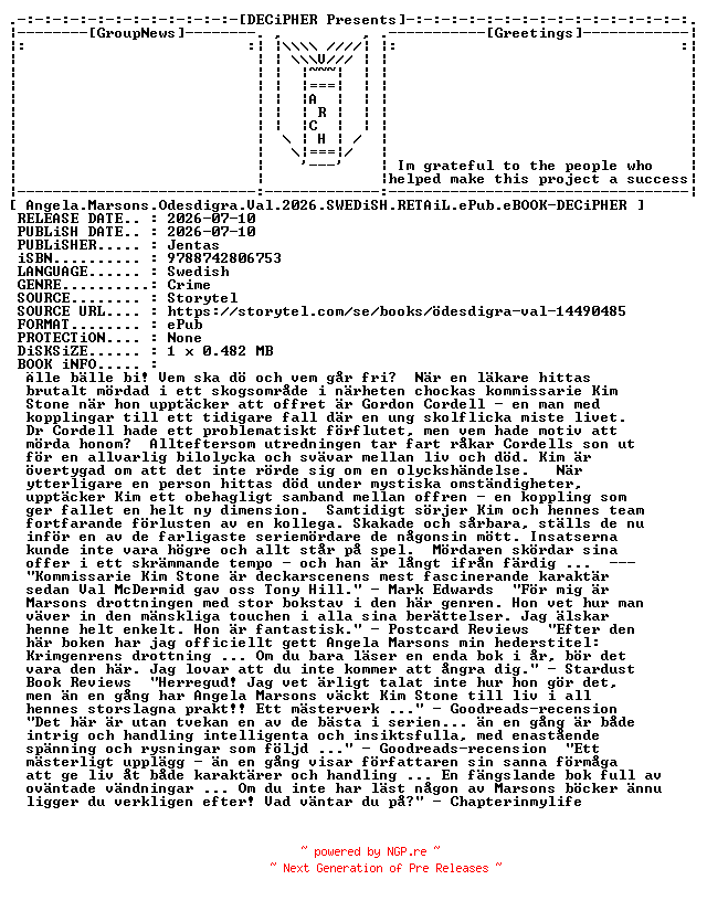 NFO for the release Angela.Marsons.Odesdigra.Val.2026.SWEDiSH.RETAiL.ePub.eBOOK-DECiPHER by DECiPHER