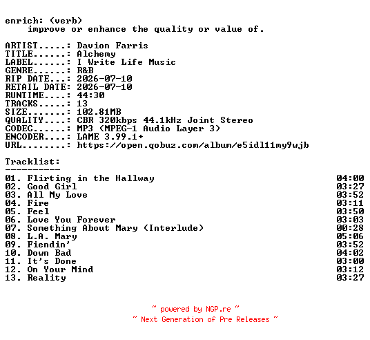 NFO for the release Davion_Farris-Alchemy-WEB-2026-ENRiCH by ENRiCH
