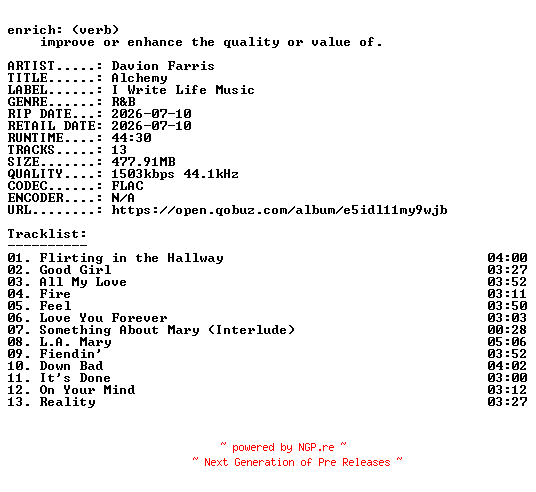 NFO for the release Davion_Farris-Alchemy-24BIT-WEB-FLAC-2026-ENRiCH by ENRiCH