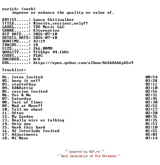 NFO for the release Lance_Skiiiwalker-invitesessionsonly-16BIT-WEB-FLAC-2026-ENRiCH by ENRiCH