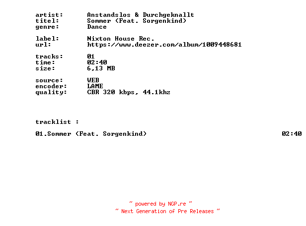 NFO for the release Anstandslos_And_Durchgeknallt_-_Sommer_(Feat._Sorgenkind)-SINGLE-WEB-2026-BITCOINS by BITCOINS