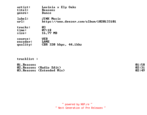 NFO for the release Lavinia_X_Ely_Oaks_-_Reasons-EP-WEB-2026-BITCOINS by BITCOINS