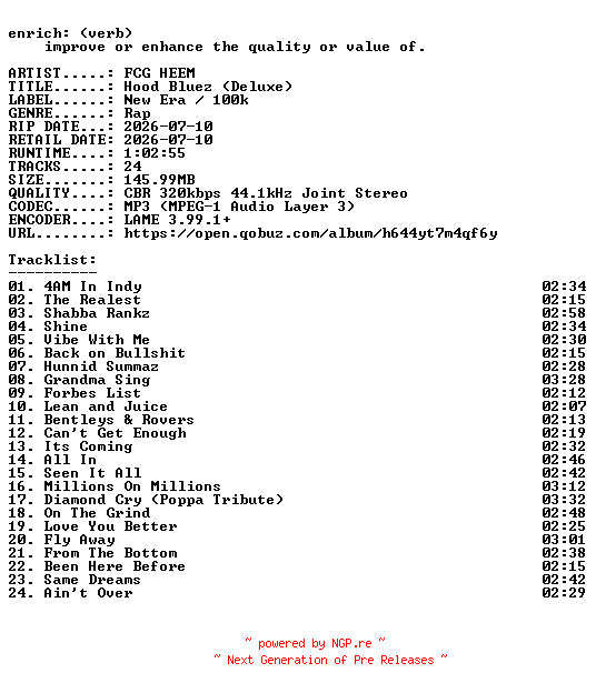 NFO for the release FCG_HEEM-Hood_Bluez_(Deluxe)-WEB-2026-ENRiCH by ENRiCH