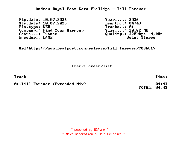 NFO for the release Andrew_Rayel_Feat_Sara_Phillips_-_Till_Forever-(FYH257)-SINGLE-WEB-2026-FMC by FMC