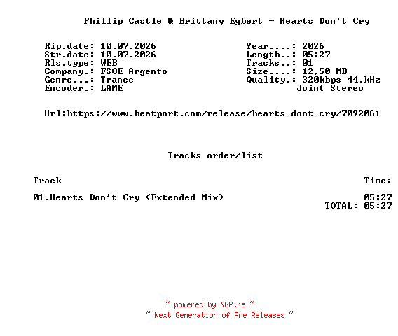 NFO for the release Phillip_Castle_And_Brittany_Egbert_-_Hearts_Dont_Cry-(FSOEA138)-SINGLE-WEB-2026-FMC by FMC