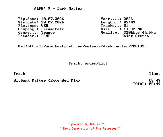 NFO for the release ALPHA_9_-_Dark_Matter-(DREAMSTATE145B)-SINGLE-WEB-2026-FMC by FMC