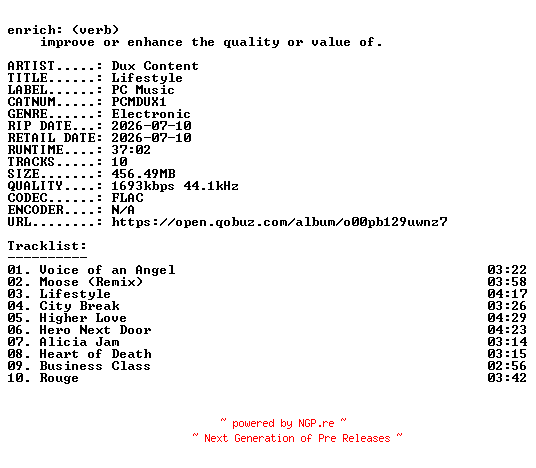 NFO for the release Dux_Content-Lifestyle-(PCMDUX1)-24BIT-WEB-FLAC-2026-ENRiCH by ENRiCH