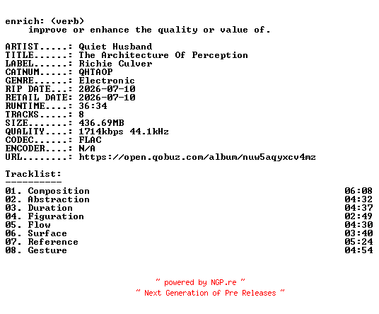 NFO for the release Quiet_Husband-The_Architecture_Of_Perception-(QHTAOP)-24BIT-WEB-FLAC-2026-ENRiCH by ENRiCH