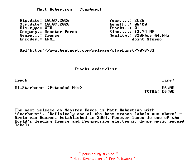 NFO for the release Matt_Robertson_-_Starburst-(MFORCE158)-SINGLE-WEB-2026-FMC by FMC