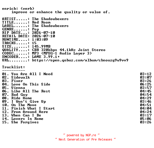 NFO for the release The_Shadowboxers-Red_Room-REISSUE-WEB-2026-ENRiCH by ENRiCH