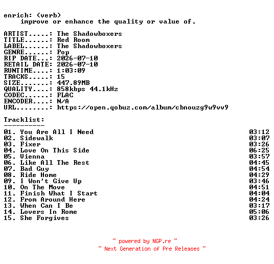 NFO for the release The_Shadowboxers-Red_Room-REISSUE-24BIT-WEB-FLAC-2026-ENRiCH by ENRiCH