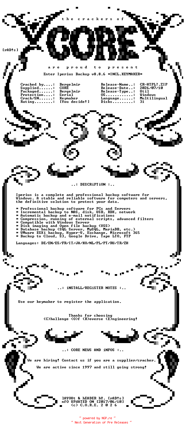 NFO for the release Enter.Iperius.Backup.v8.8.6.Multilingual.Incl.Keymaker-CORE by CORE