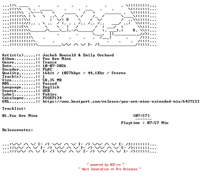 NFO for the release Jackob_Roenald_And_Emily_Orchard-You_Are_Mine-FSOEF134-SINGLE-16BIT-WEB-FLAC-2026-WAVED by WAVED