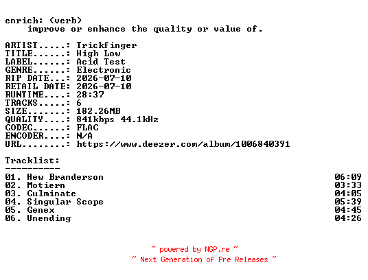 NFO for the release Trickfinger-High_Low-16BIT-WEB-FLAC-2026-ENRiCH by ENRiCH