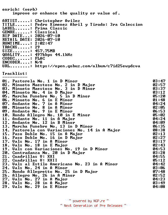 NFO for the release Christopher_Avilez-Pedro_Ximenez_Abril_y_Tirado_3ra_Coleccion-16BIT-WEB-FLAC-2026-ENRiCH by ENRiCH