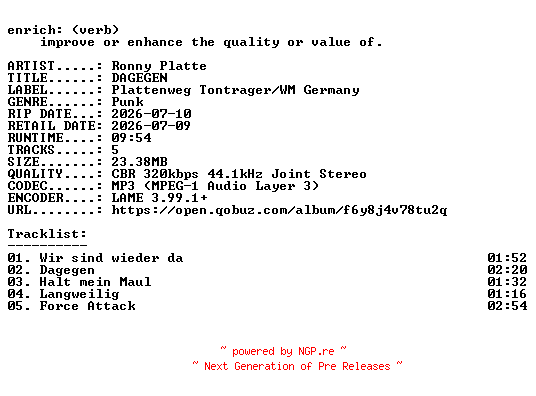 NFO for the release Ronny_Platte-DAGEGEN-EP-WEB-DE-2026-ENRiCH by ENRiCH