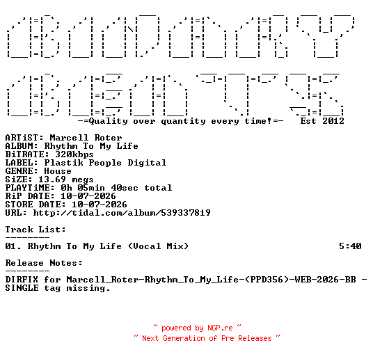 NFO for the release Marcell_Roter-Rhythm_To_My_Life-(PPD356)-DIRFIX-SINGLE-WEB-2026-BB by BB