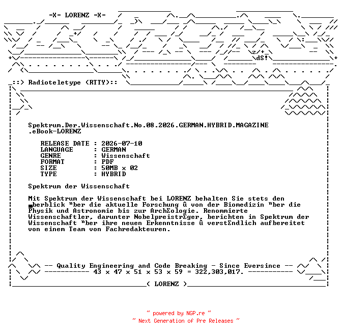 NFO for the release Spektrum.Der.Wissenschaft.No.08.2026.GERMAN.HYBRID.MAGAZINE.eBook-LORENZ by LORENZ