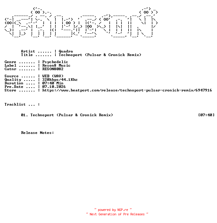 NFO for the release Quadra-Technoport_Pulsar_And_Cronick_Remix-(RESON8082)-SINGLE-WEB-2026-FALCON by FALCON