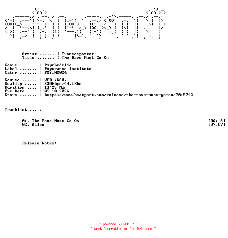 NFO for the release Trancespotter-The_Rave_Must_Go_On-(PSYINS024)-WEB-2026-FALCON by FALCON