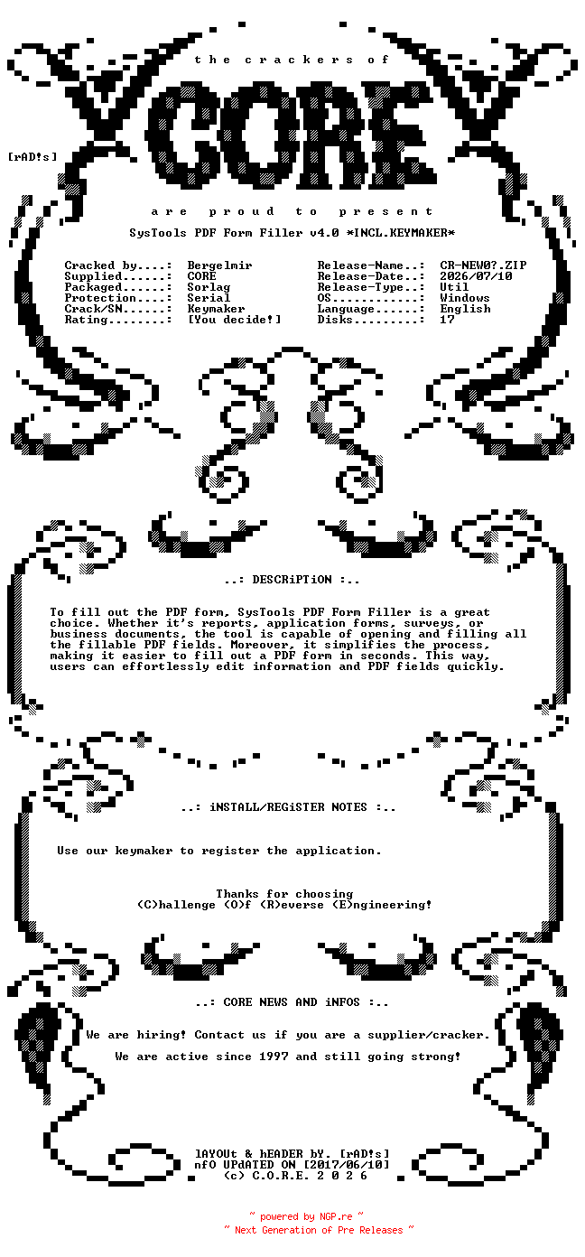 NFO for the release SysTools.PDF.Form.Filler.v4.0.Incl.Keymaker-CORE by CORE
