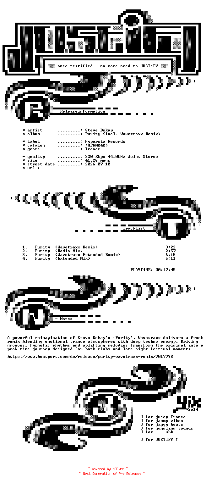 NFO for the release Steve_Dekay_-_Purity_(Incl._Wavetraxx_Remix)-(HPRN040)-WEB-2026-JUSTiFY by JUSTiFY
