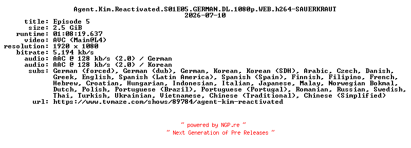 NFO for the release Agent.Kim.Reactivated.S01E05.GERMAN.DL.1080p.WEB.h264-SAUERKRAUT by SAUERKRAUT