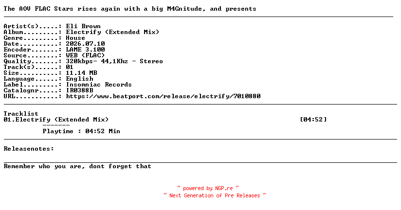 NFO for the release Eli_Brown-Electrify_(Extended_Mix)-(IR0388B)-SINGLE-WEB-2026-AOV by AOV