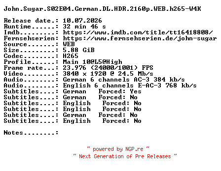 NFO for the release John.Sugar.S02E04.German.DL.HDR.2160p.WEB.h265-W4K by W4K