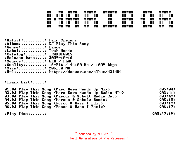 NFO for the release Palm_Springs-DJ_Play_This_Song-(TRAKDIG015)-16BIT-WEB-FLAC-2009-MARiBOR by MARiBOR