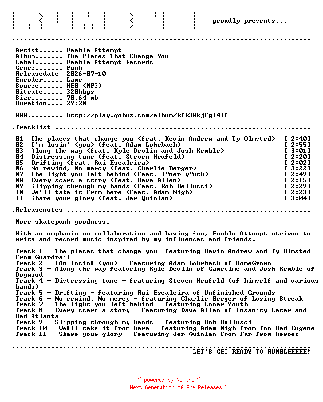 NFO for the release Feeble_Attempt-The_Places_That_Change_You-(WEB)-2026-RUMBLE by RUMBLE