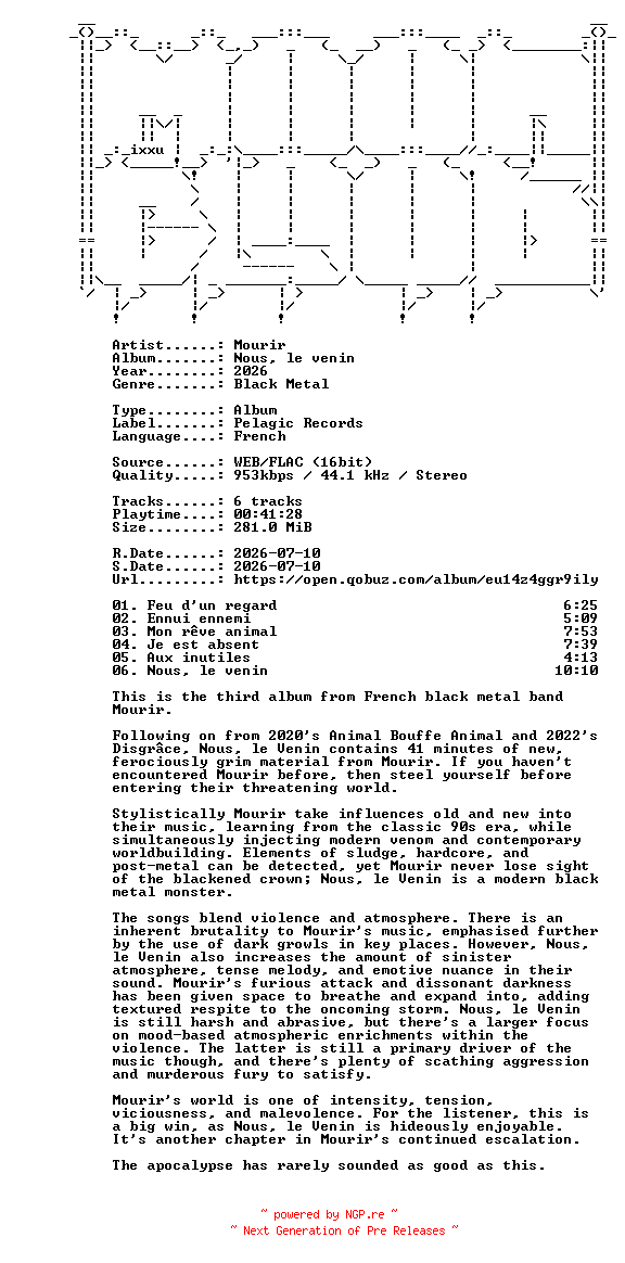 NFO for the release Mourir-Nous_le_venin-FR-16BIT-WEB-FLAC-2026-MOONBLOOD by MOONBLOOD