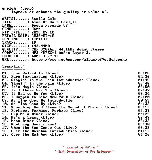 NFO for the release Stella_Cole-Live_At_Cafe_Carlyle-WEB-2026-ENRiCH by ENRiCH