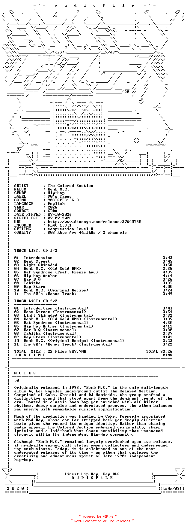 NFO for the release The_Colored_Section-Bomb_M.C.-REISSUE-2CD-FLAC-2026-AUDiOFiLE by AUDiOFiLE