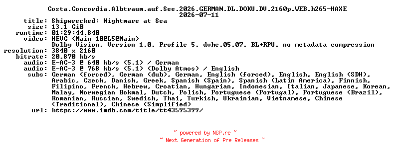 NFO for the release Costa.Concordia.Albtraum.auf.See.2026.GERMAN.DL.DOKU.DV.2160p.WEB.h265-HAXE by HAXE