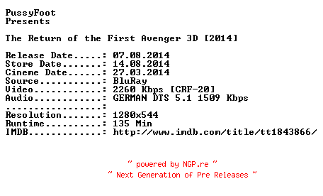 NFO for the release The.Return.of.the.First.Avenger.3D.German.720p.BluRay.x264-PussyFoot by PussyFoot