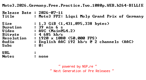 NFO for the release Moto3.2026.Germany.Free.Practice.Two.1080p.WEB.h264-BILLIE by BILLIE
