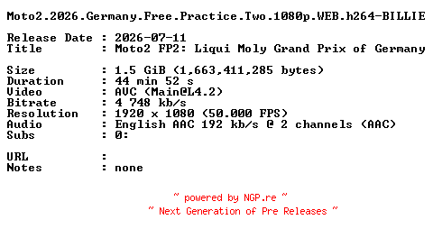 NFO for the release Moto2.2026.Germany.Free.Practice.Two.1080p.WEB.h264-BILLIE by BILLIE